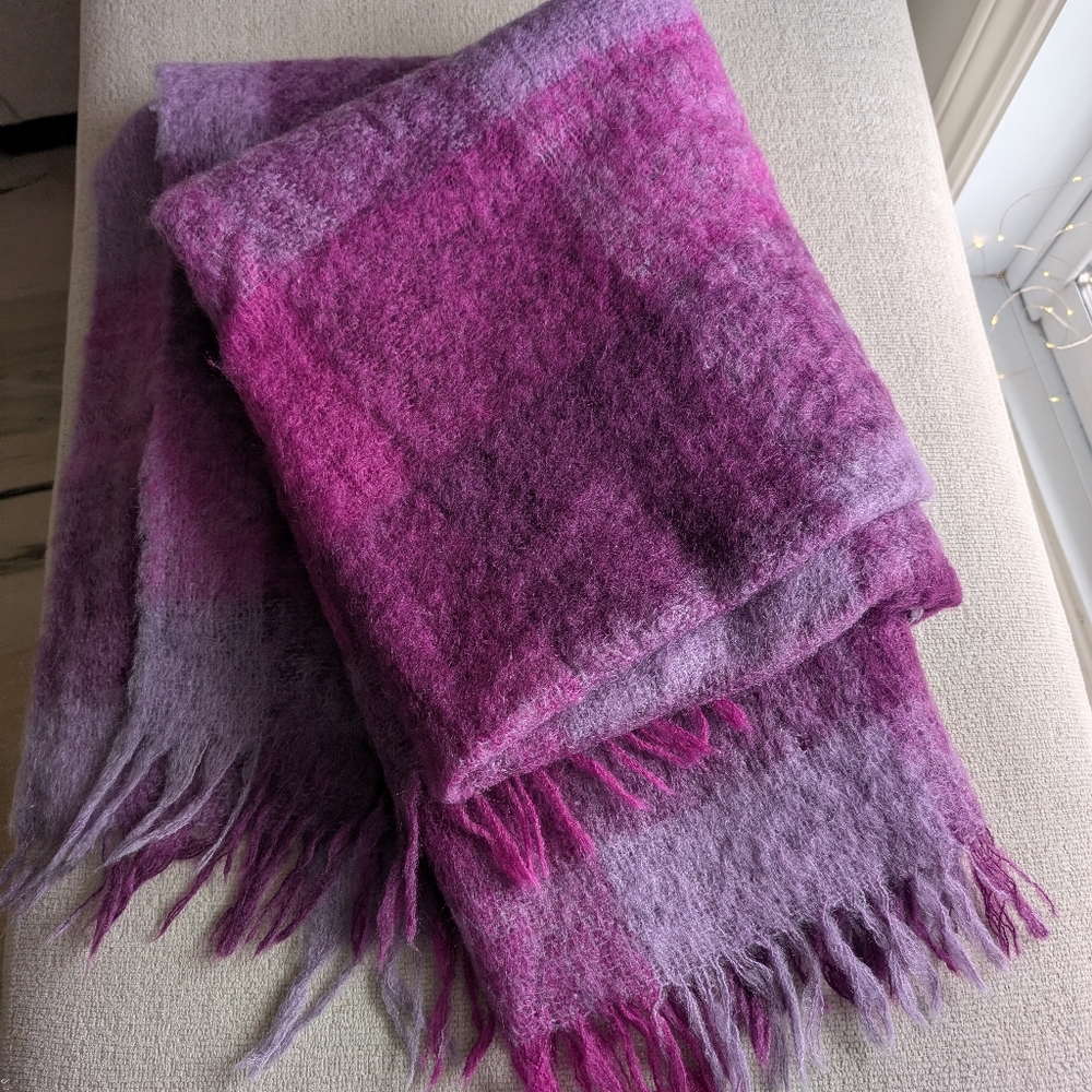 Vintage Colourful Plaid Woven Knit Mohair Purple Throw